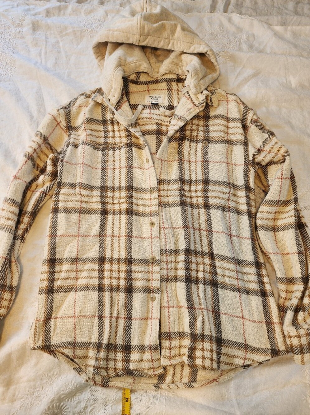 American Eagle Outfitters Cream and Brown Plaid Hooded Jacket